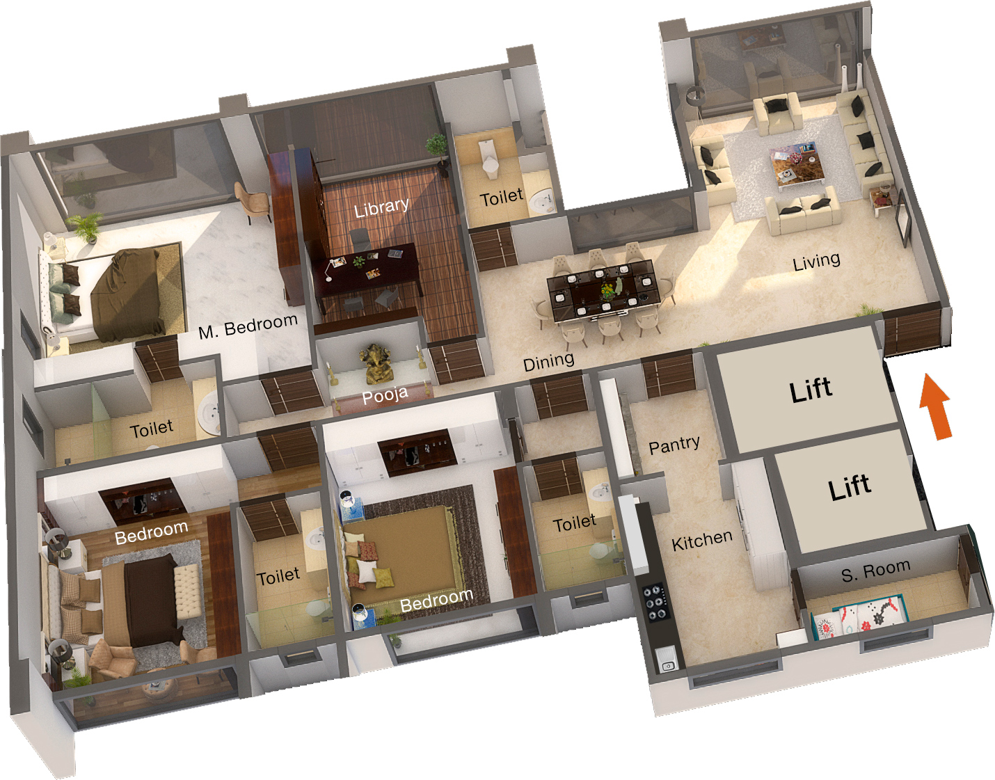 Four bedrooms with pooja