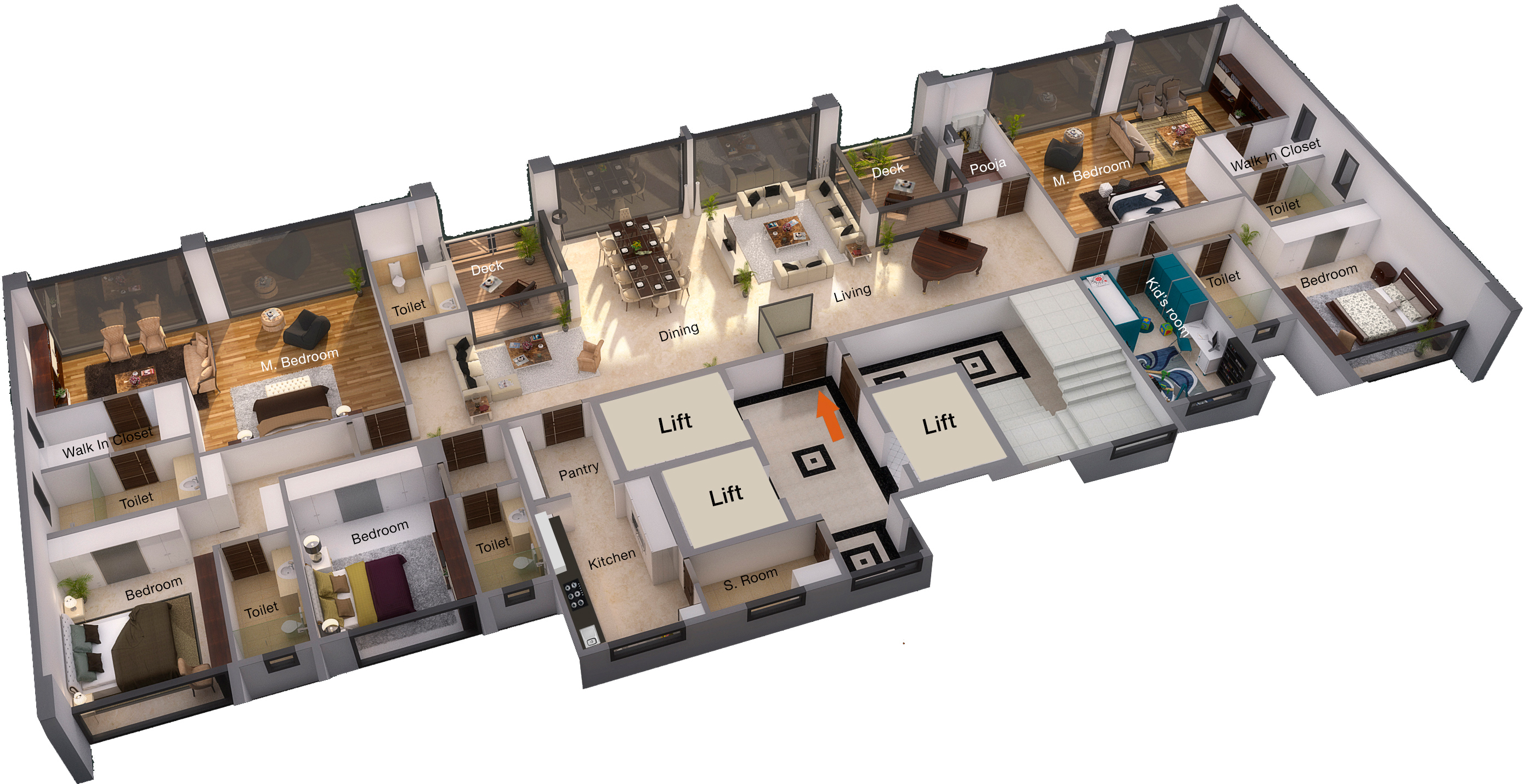 Four bedrooms with pooja